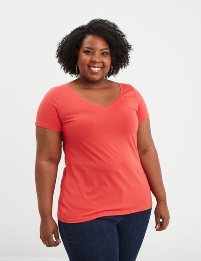 T-shirt col en V manches courtes coton rouge femme grande taille