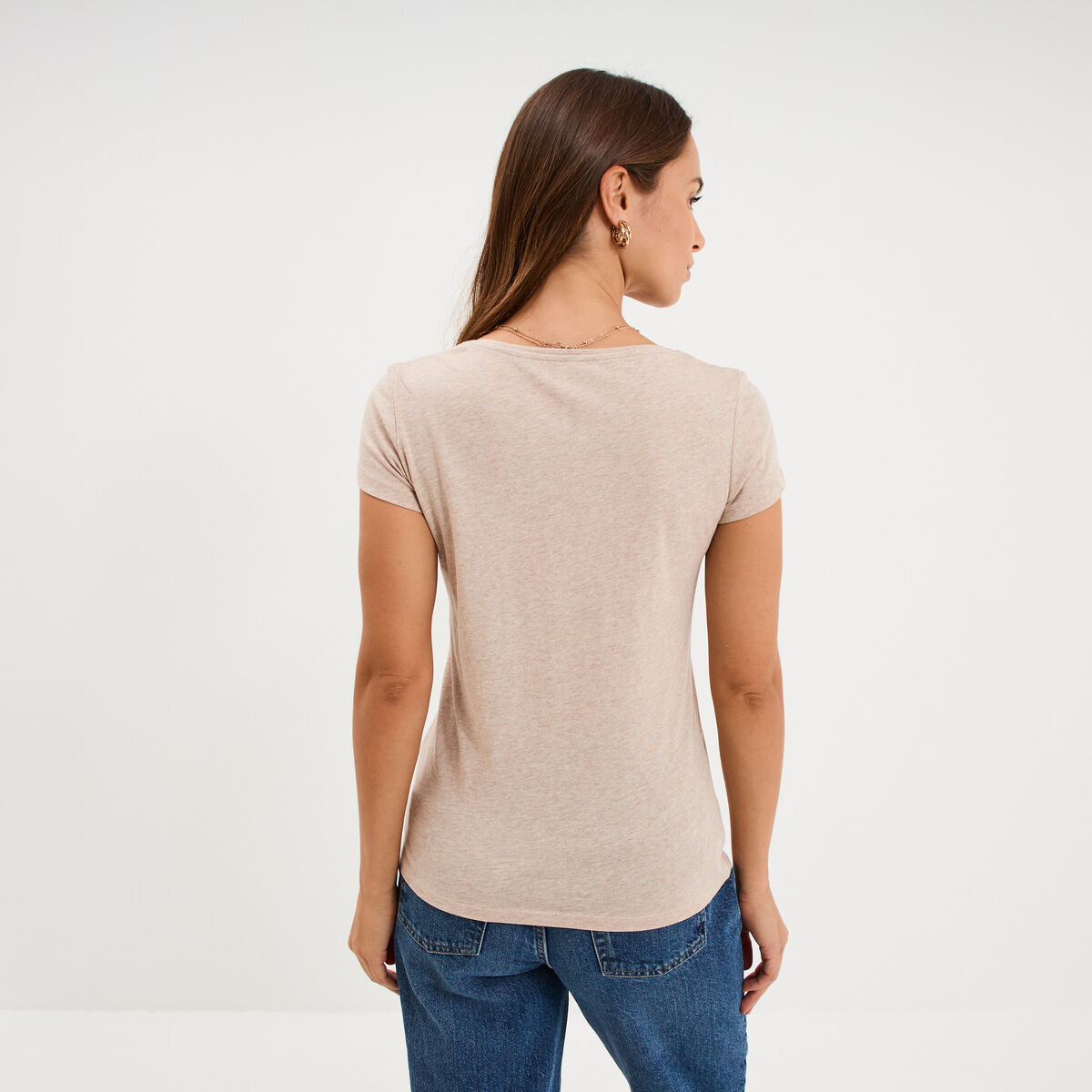T-shirt coton col rond manches courtes beige femme