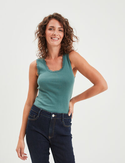 Débardeur coton bords dentelle vert foncé femme
