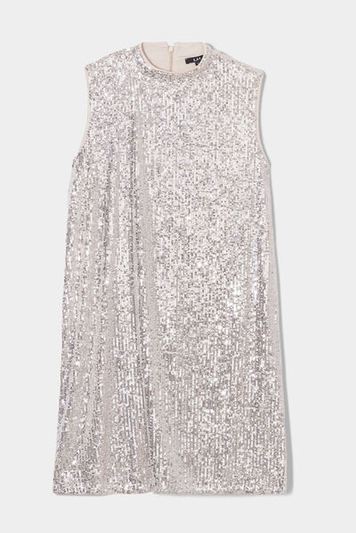 Robe trapèze à sequins col montant couleur argent femme