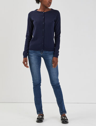 Gilet manches longues boutonné col rond bleu marine femme