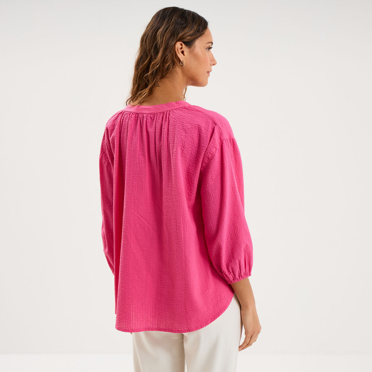 Blouse col tunisien manches 3/4 coton rose fushia femme