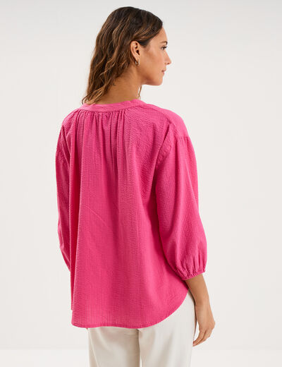 Blouse col tunisien manches 3/4 coton rose fushia femme