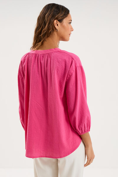 Blouse col tunisien manches 3/4 coton rose fushia femme