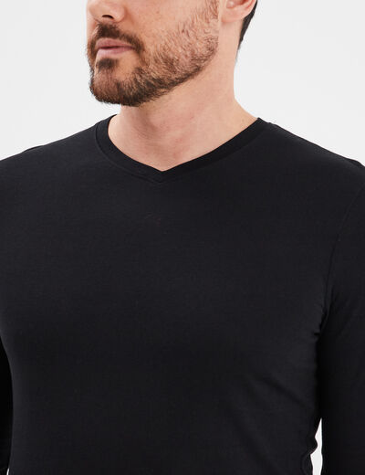 T-shirt col en V manches longues coton noir homme