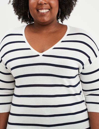 Pull col en V manches 3/4 ecru femme grande taille