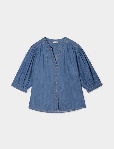 Blouse manches ballons en jean coton denim stone femme