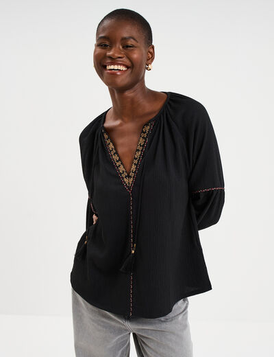 Blouse droite col tunisien avec pompons noir femme