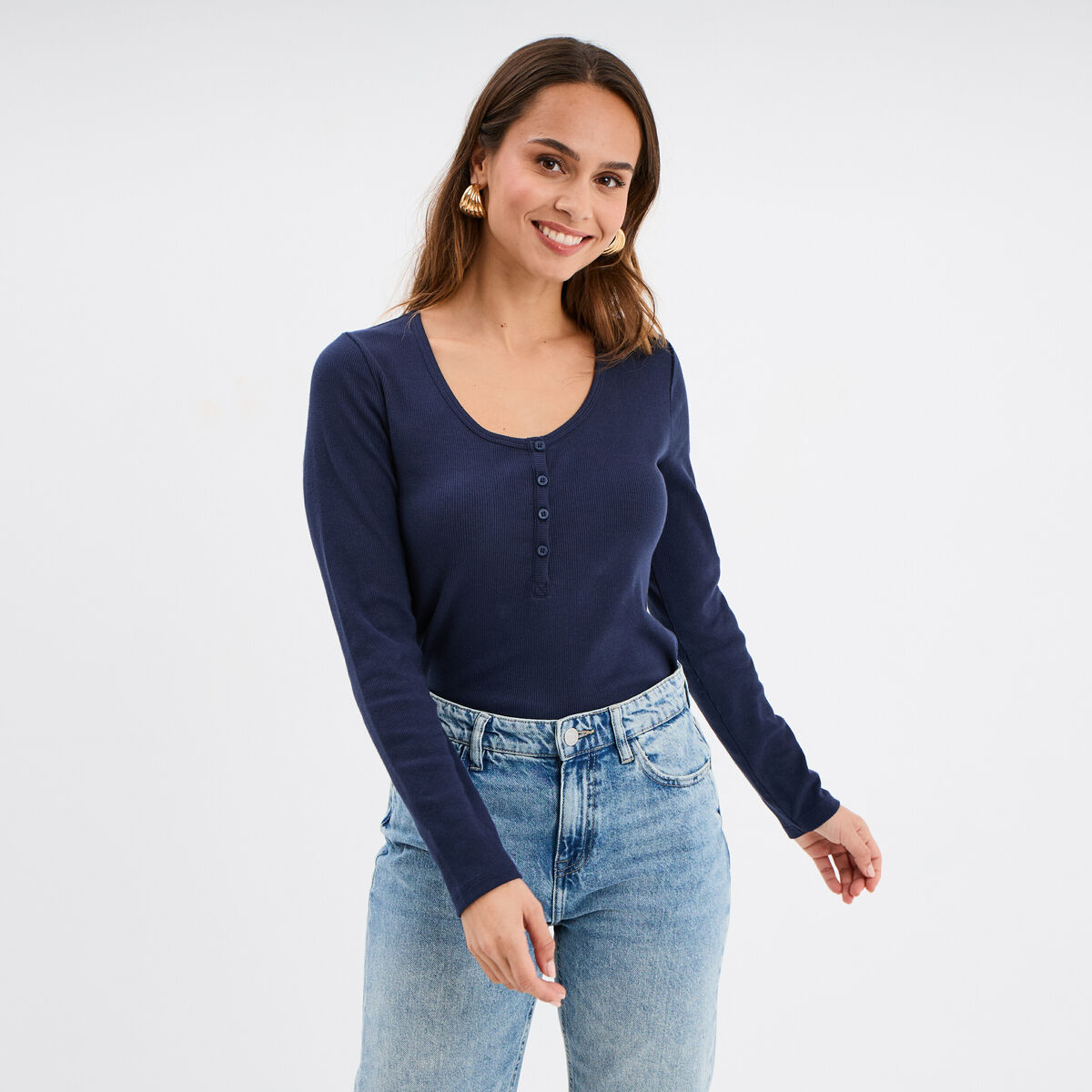 T-shirt ajusté col tunisien jersey coton bleu marine femme