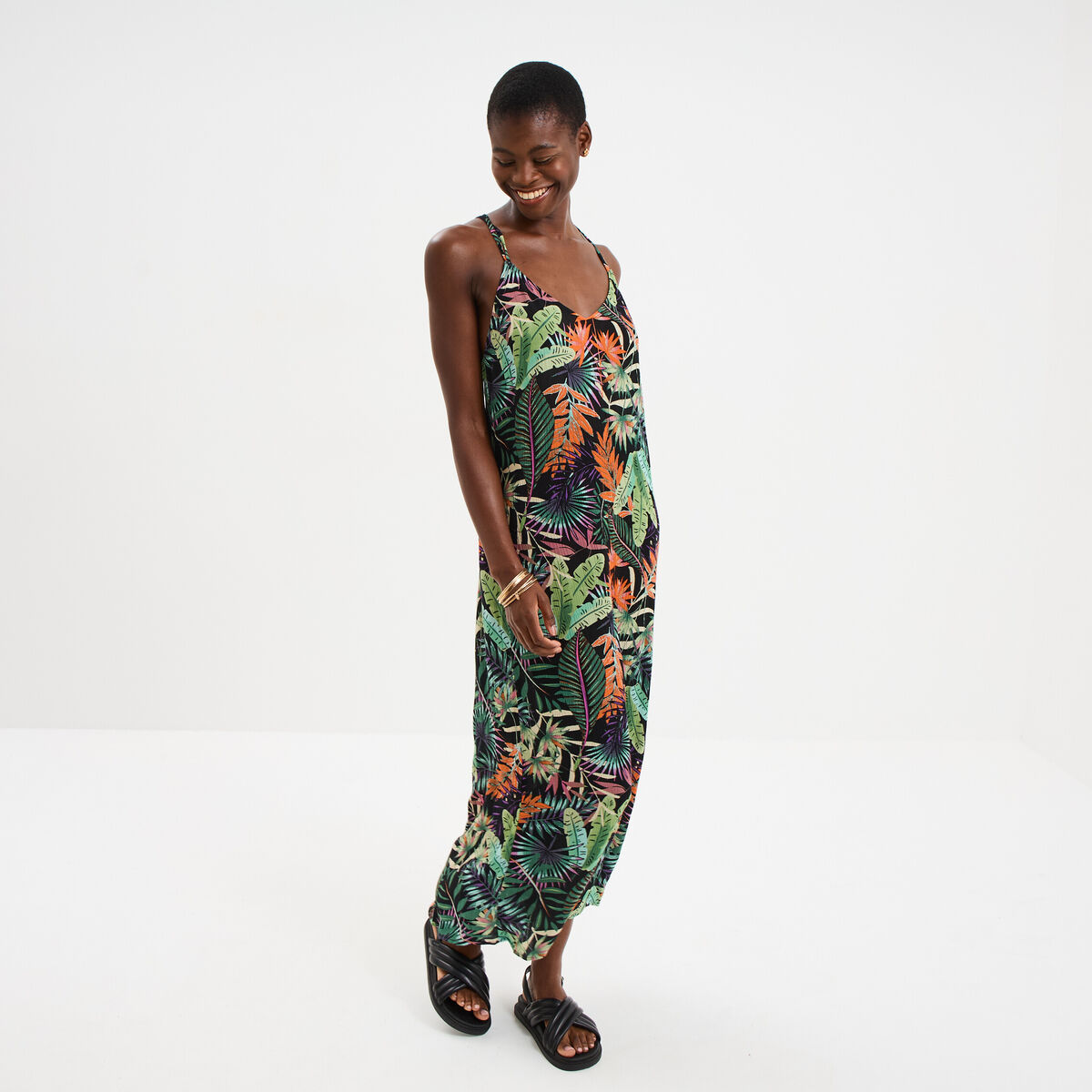 Robe longue bretelles croisées dos noir femme
