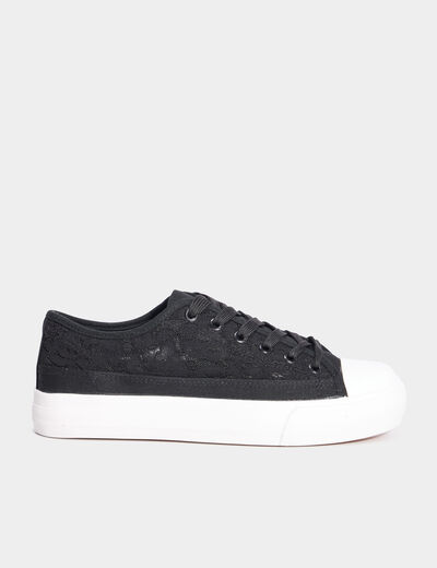 Tennis en toile dentelle &agrave; lacets noir femme