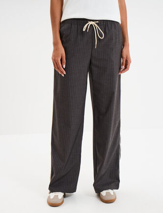 Pantalon fluide élastiqué bandes côtés gris foncé femme
