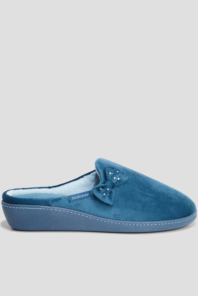 Chaussons mules velours Isotoner bleu canard femme