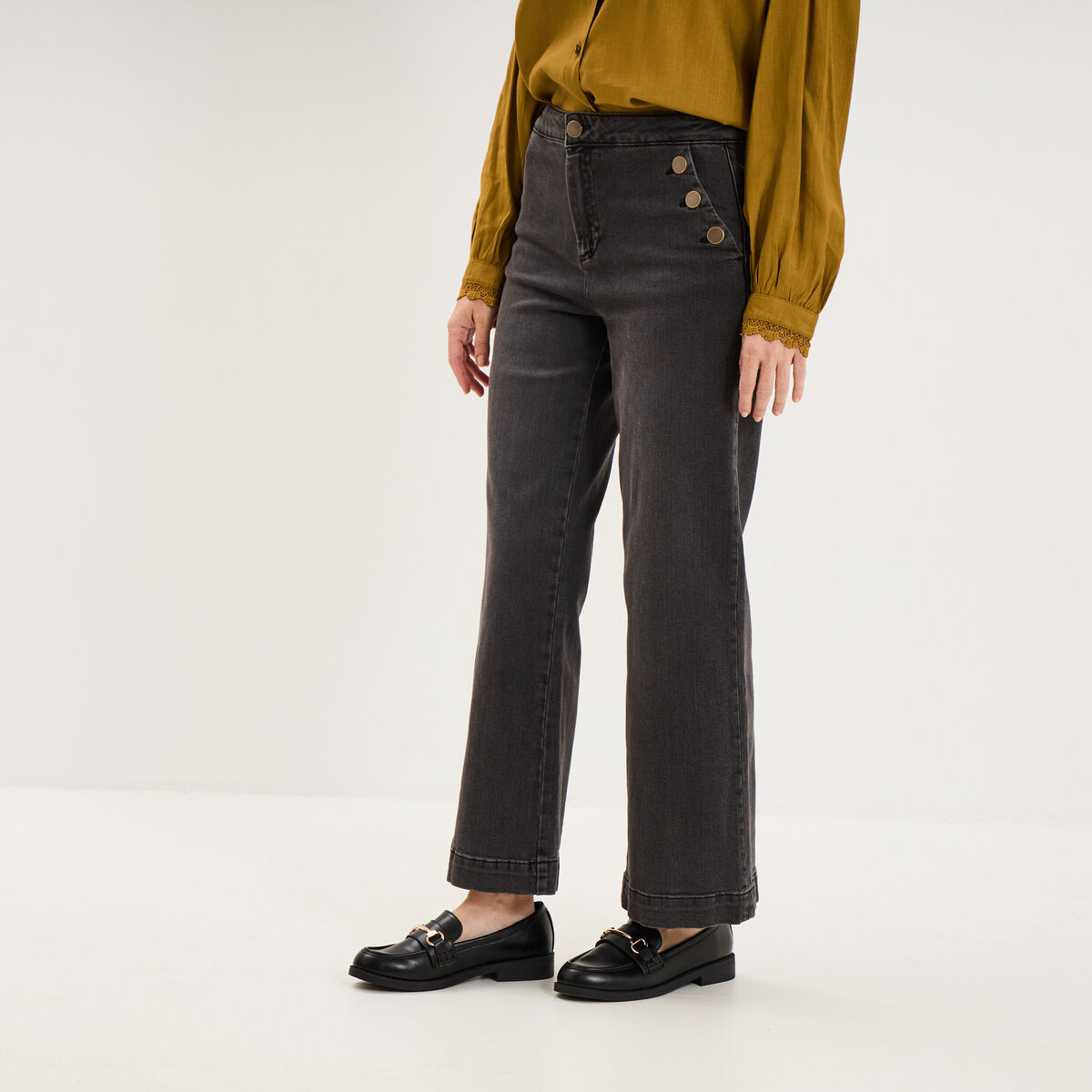 Jean large cropped &agrave; pont taille haute denim noir femme