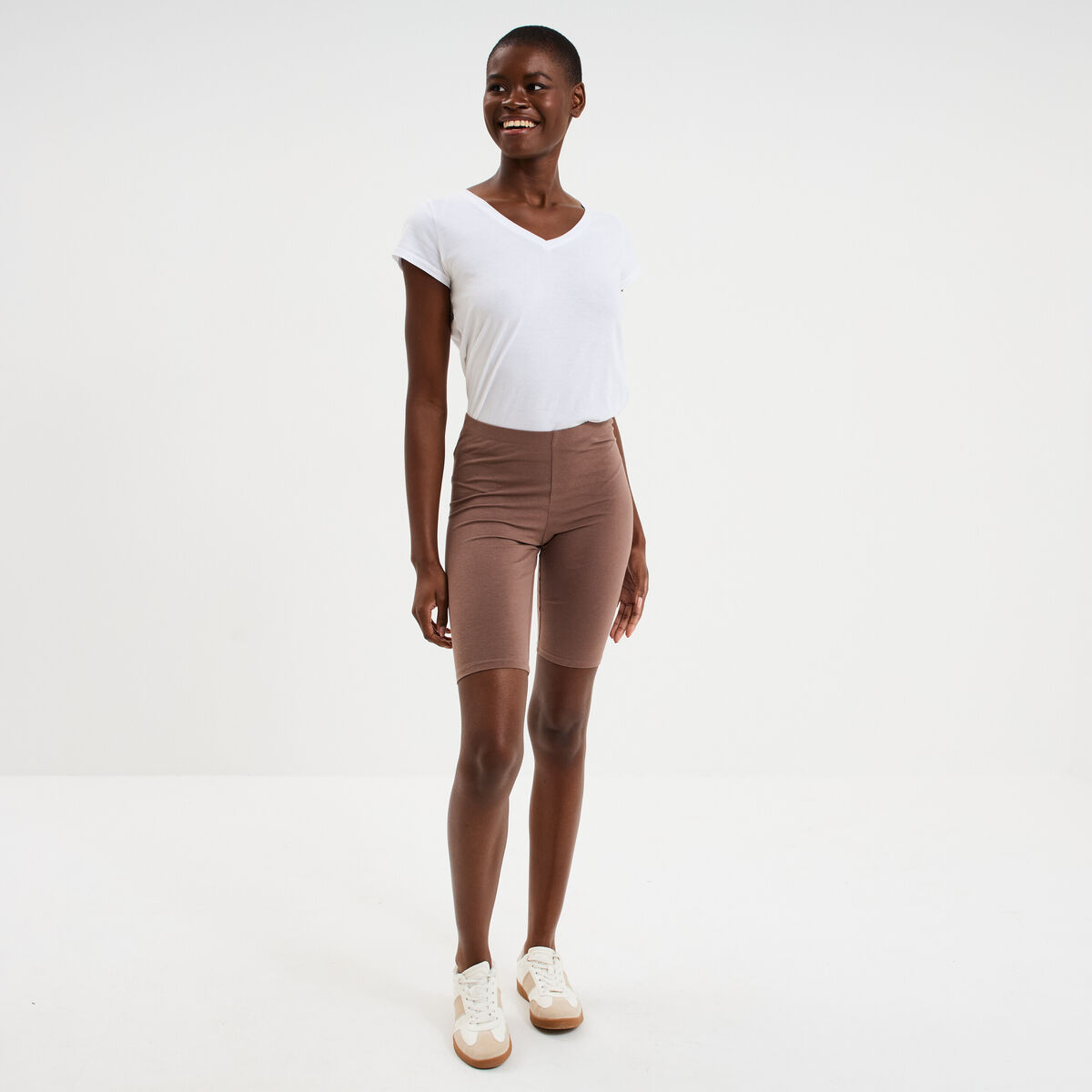 Short cycliste coton stretch marron cognac femme