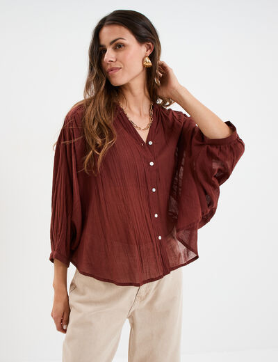 Blouse oversize manches chauves-souris marron femme