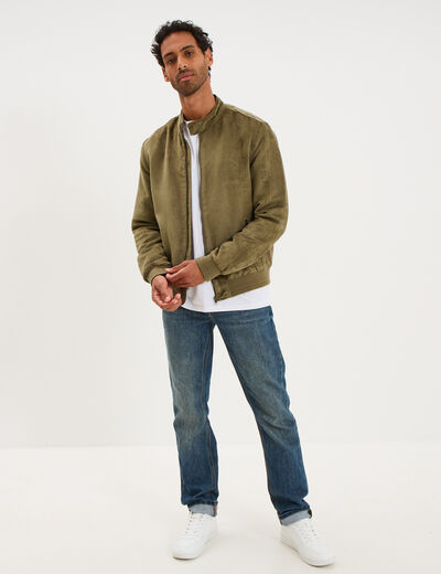 Blouson col biker en su&eacute;dine zipp&eacute; vert kaki homme