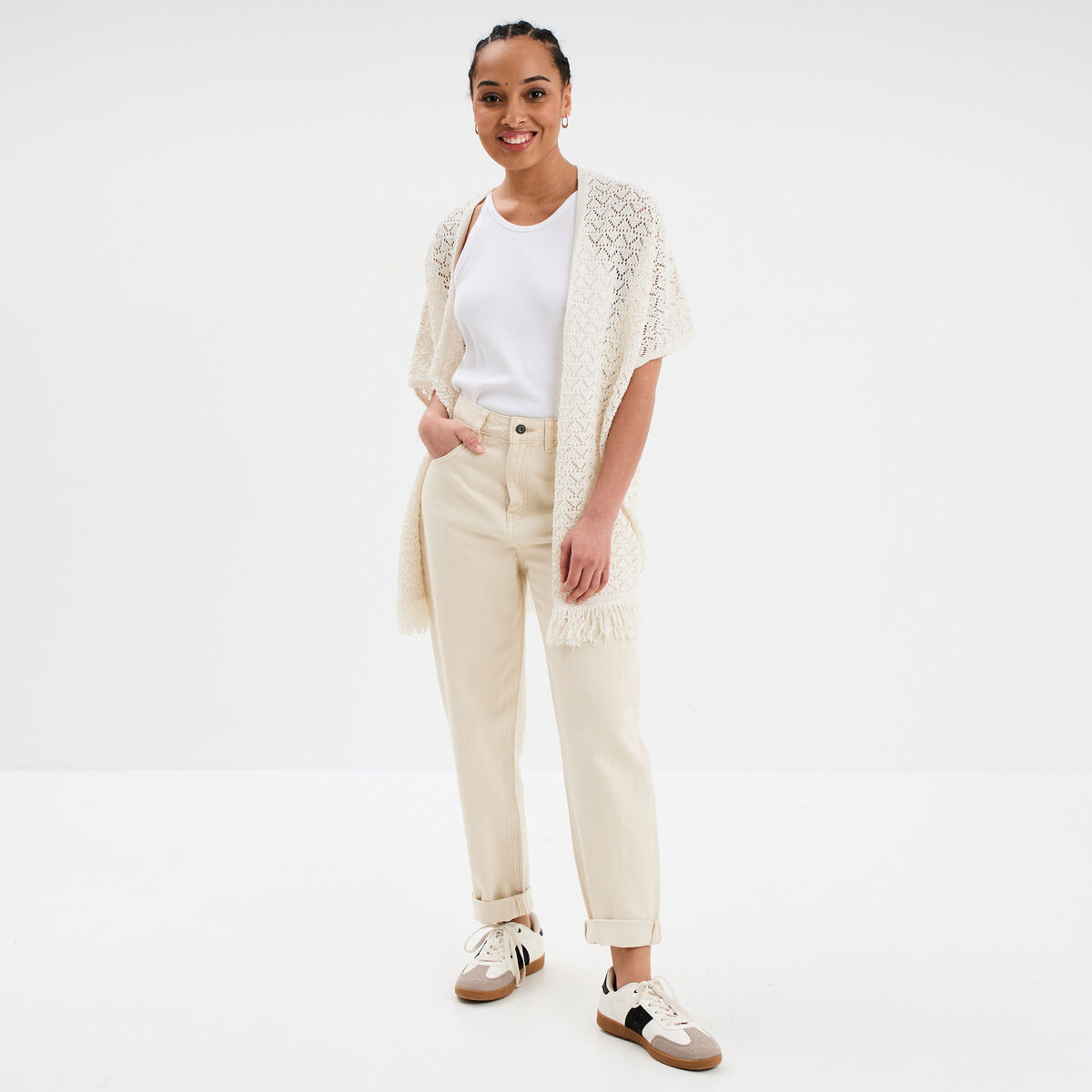 Gilet mi-long ajouré à franges blanc femme