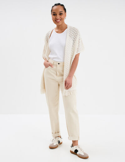 Gilet mi-long ajouré à franges blanc femme