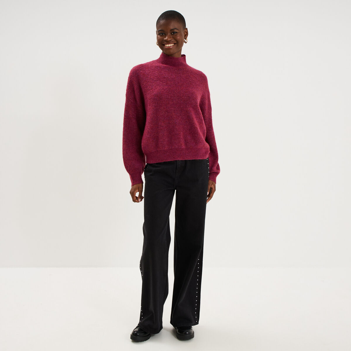 Pull col montant manches longues amples rouge fonc&eacute; femme