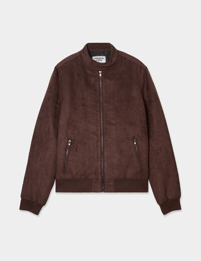Blouson col motard en su&eacute;dine zipp&eacute; marron fonc&eacute; homme