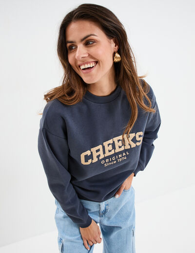Sweat col rond manches longues Creeks bleu foncé femme