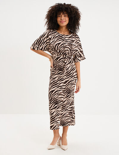 Robe longue fendue manches courtes ecru femme