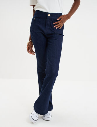 Jean flare poches plaqu&eacute;es denim brut femme
