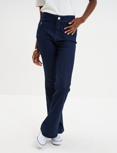 Jean flare poches plaqu&eacute;es denim brut femme