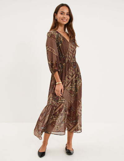 Robe longue fluide manches 3/4 col en V vert kaki femme
