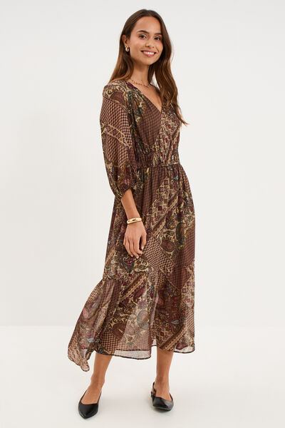 Robe longue fluide manches 3/4 col en V vert kaki femme