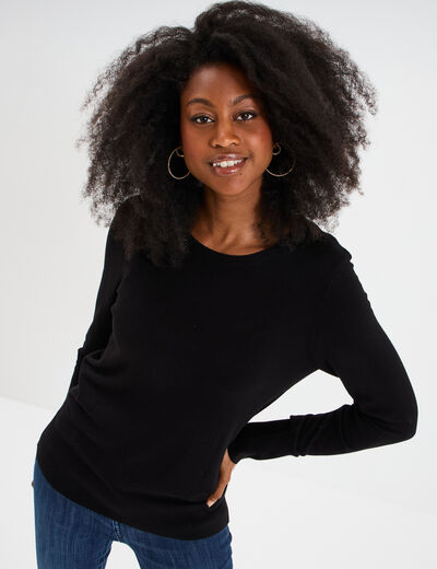 Pull col rond boutons aux poignets noir femme