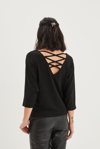 T-shirt à bijoux manches amples noir femme