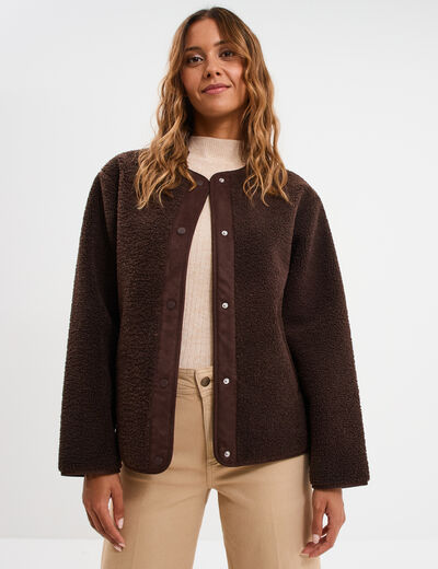 Veste effet polaire boutonn&eacute;e col rond marron fonc&eacute; femme
