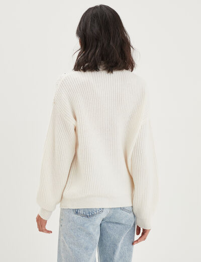 Pull côtelé à sequins et col montant blanc femme