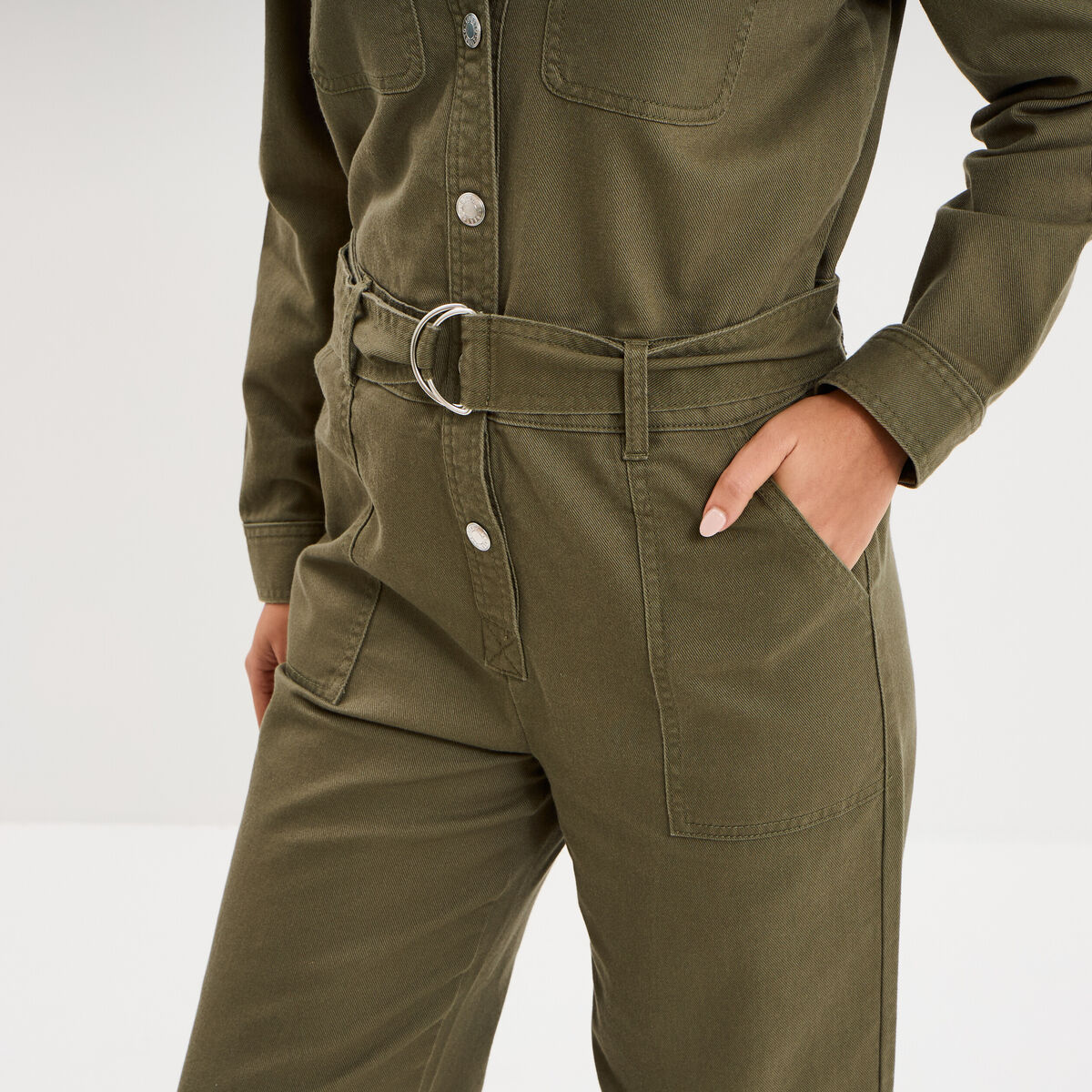 Combinaison pantalon ceintur&eacute;e coton vert kaki femme