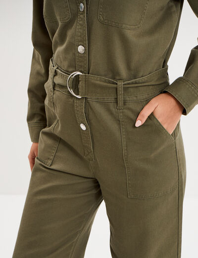Combinaison pantalon ceintur&eacute;e coton vert kaki femme