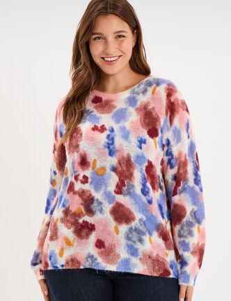 Pull col rond oversize manches longues ecru femme grande taille