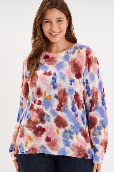 Pull col rond oversize manches longues ecru femme grande taille