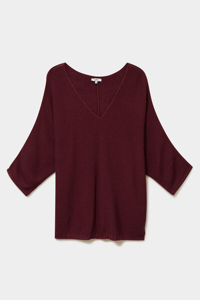 Pull manches 3/4 col en V violet fonc&eacute; femme grande taille