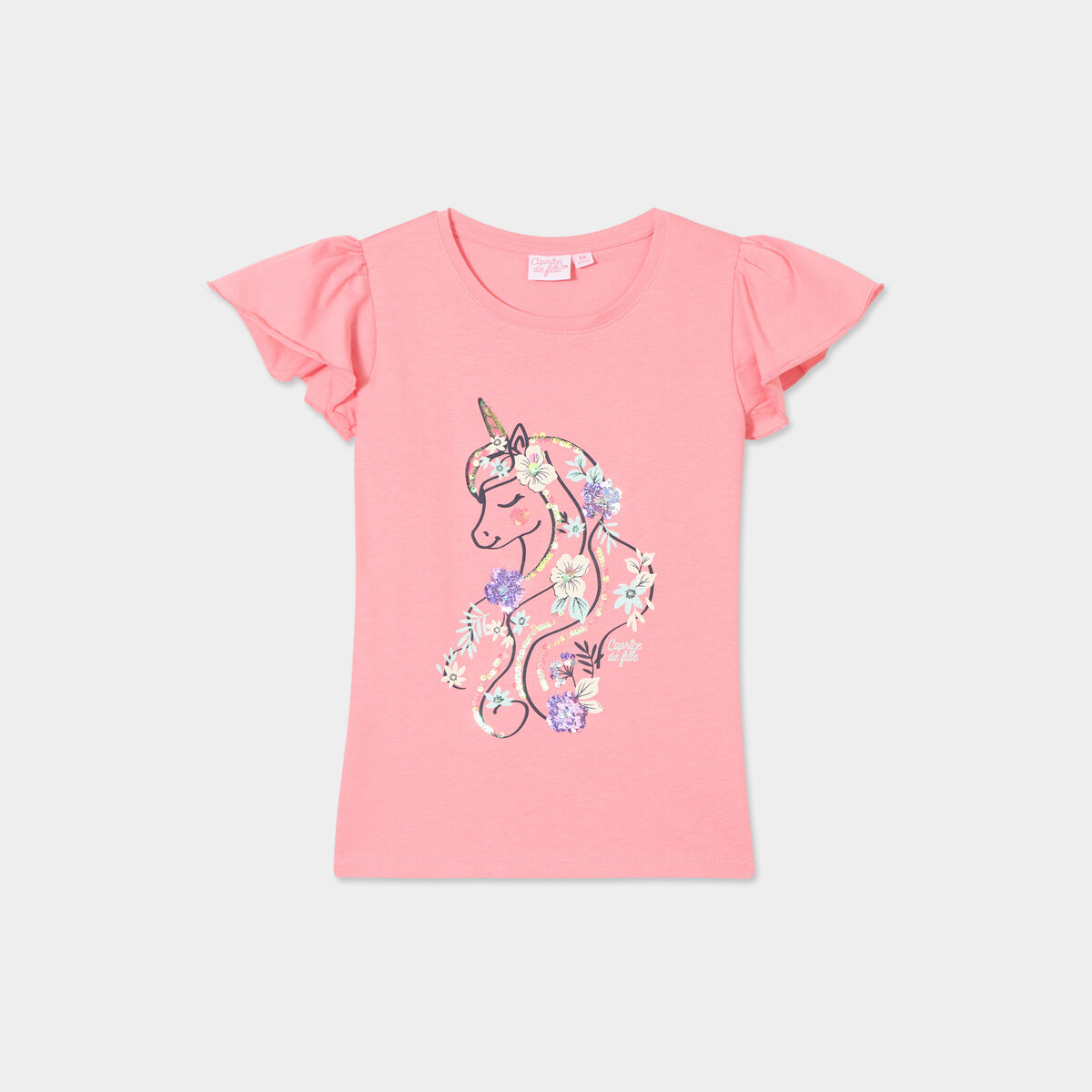 T-shirt à sequins manches volants coton rose fille