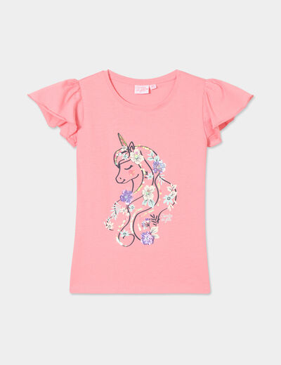 T-shirt à sequins manches volants coton rose fille