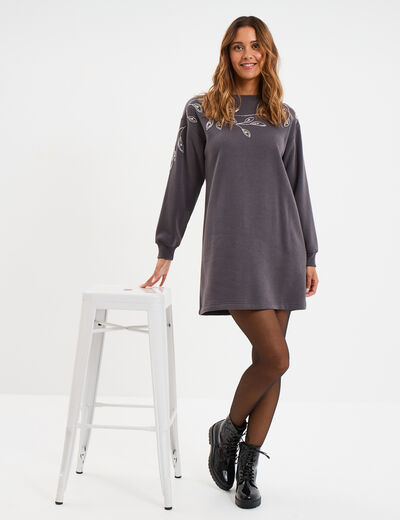 Robe pull d&eacute;tails strass gris fonc&eacute; femme