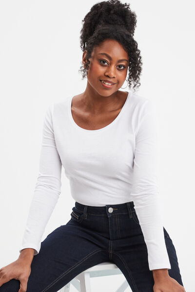 T-shirt coton manches longues blanc femme