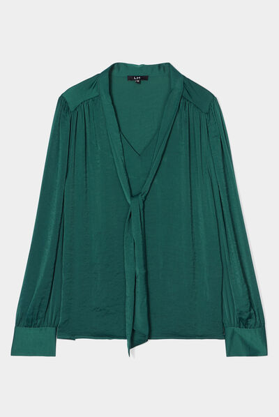 Blouse satin col lavallière droite vert foncé femme