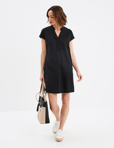Robe manches courtes lin mélangé noir femme