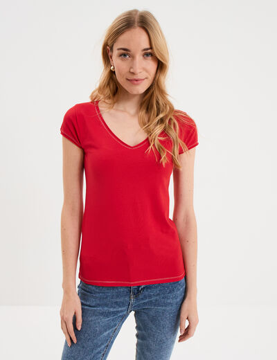 T-shirt col V ajust&eacute; manches courtes rouge femme