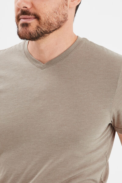 T-shirt manches courtes coton col V taupe homme