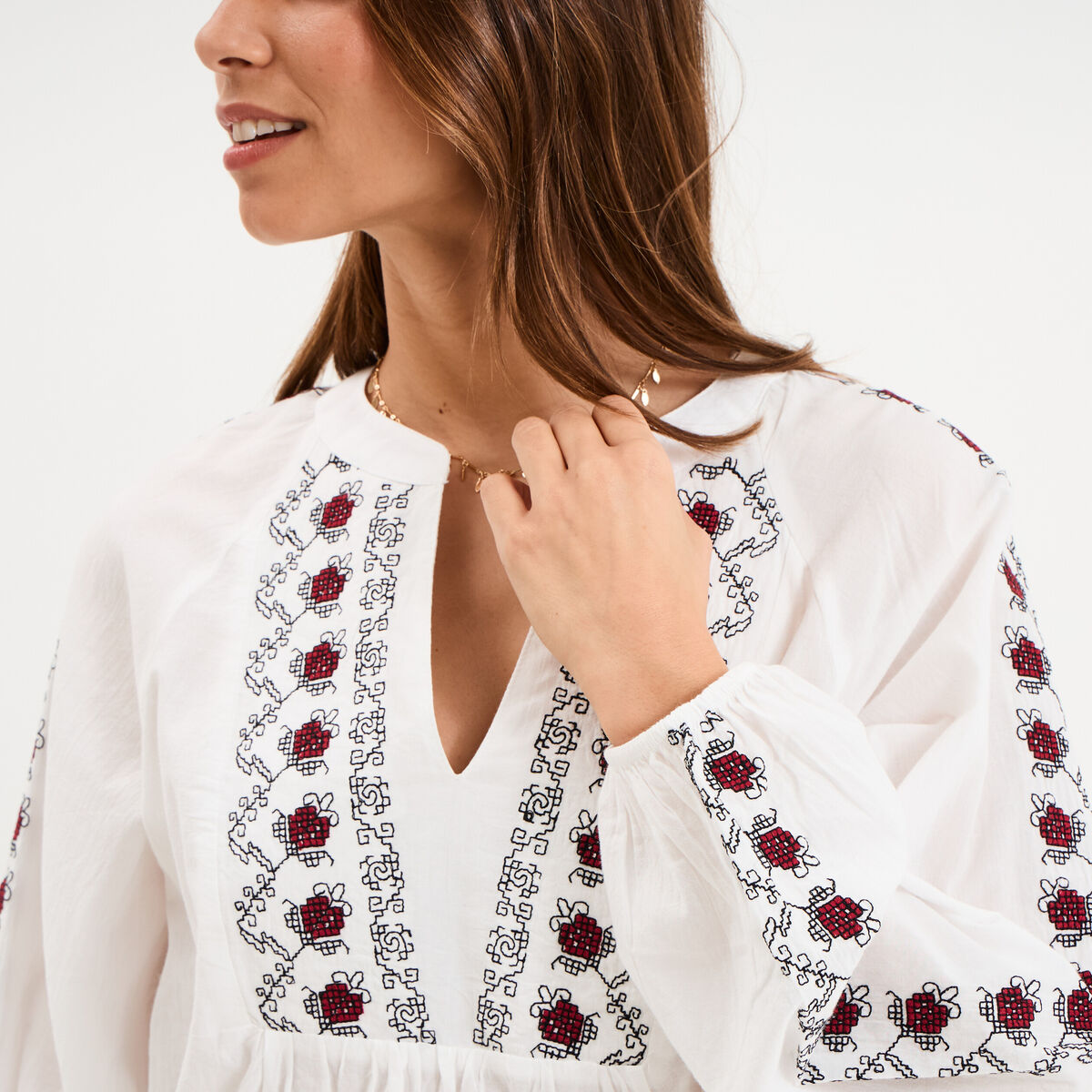 Blouse brod&eacute;e oversize coton blanc femme