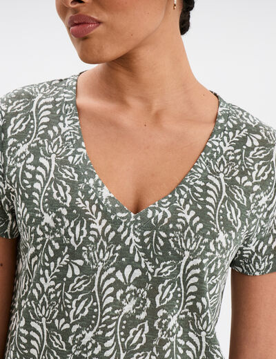 T-shirt col en V manches courtes vert kaki femme